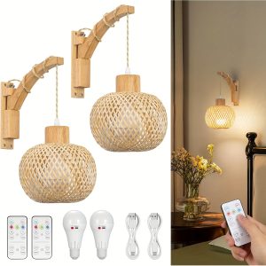 Set Of 2 Battery Operated Wall Sconce, Rechargeable Rattan Wall Sconce, Wall Sconces Battery Operated, Wooden Swing Arm Woven Bamboo Lantern Wall Light/Lamp Boho Wall Sconce For Bedroom