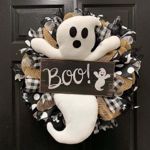 Spooky Ghost - Outdoor Halloween Party Decor - Front Door Wreath, 15.7