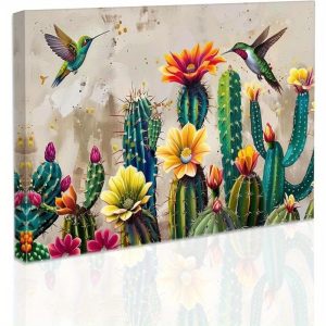 Cactus Wall Art, Canvas Prints, Succulent Plants, Hummingbird Painting, Framed Botanical Art, Bathroom Decor, Living Room, Home Decor.