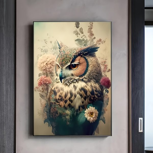 1pc Vintage Floral Owl Canvas Painting For Living Room Home Decor - Cute Animal Posters And Prints - Cat Wall Art, Wooden Frame, Out Of The Box