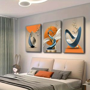 3pcs Modern Geometric Canvas Prints with Golden Leaf Water Drop Design, 3-Piece Set, Nordic-Inspired Luxury Wall Art for Living Room