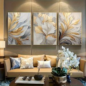 3pcs/ 3-Piece Set Golden and White Leaf Canvas Wall Art, Modern Framed Canvas Prints for Living Room & Kitchen Decor