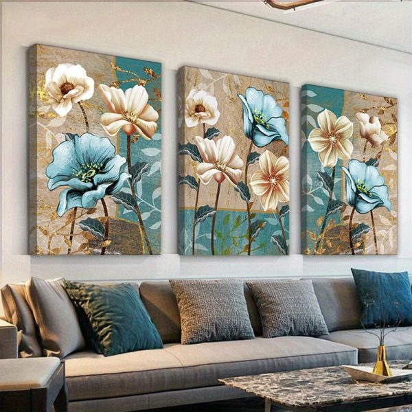 3pcs Framed Lotus Flowers Wall Art Floral Canvas Wall Decor Brown and Blue Print Painting Modern Artwork Abstract Picture for Living Room Bedroom Bathroom Farmhouse Kitchen Office