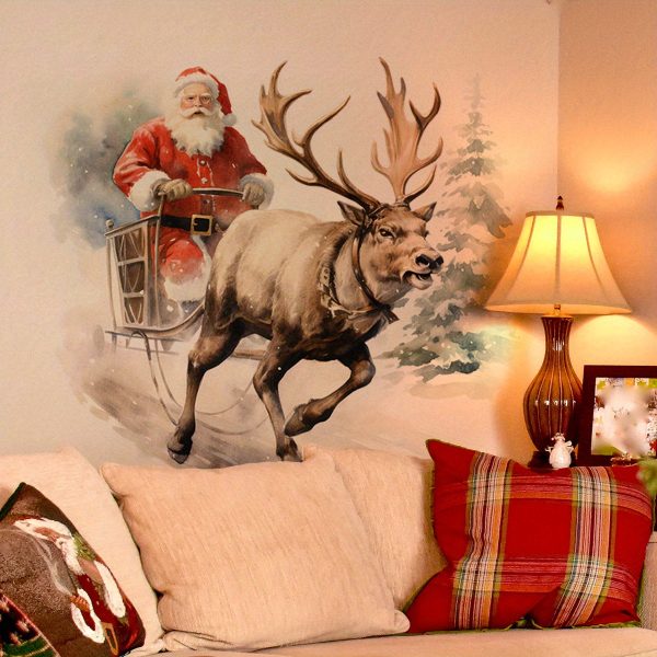 2pcs Christmas Santa Elk Realistic Watercolor Style Decorative Wall Stickers for Daily Life, Entrance Stickers, Kitchen Stickers, Wall Background Stickers