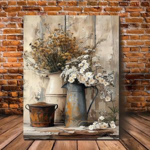 Rustic Charm Wooden Framed Canvas Art - Creamy Yellow Wood Grain with White Jasmine & Rusty Watering Cans - Perfect for Living Room, Bedroom Decor