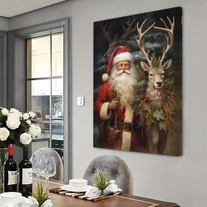 Vintage Christmas Santa and Reindeer Canvas Wall Art - Religious Theme, 16x24 Inch, Ready to Hang, No Electricity or Battery Needed, Ideal for Home, Bedroom, and Office Decor, Perfect Gift for Christmas Occasion