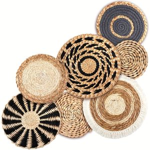 7pcs Boho Chic Seagrass Woven Wall Baskets - Handcrafted Round Decor for Farmhouse & Rustic Home, Versatile Tabletop Accents, Multi-Size Set