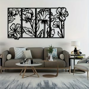 4pcs Minimalist Wall Art Compliant With Home Wall Decor, Bedroom And Living Room Requirements, Flower Wall Painting With Metal Art Theme, A Handmade Hanging Decorative Ornament