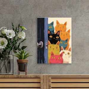 1pc, Wood Framed Wrapped Canvas Painting Art Print, Charming Colorful Cat Canvas Wall Art - Modern Abstract Cartoon Cat Poster, Wooden Framed Decor for Living Room, Tickness 1.2inch