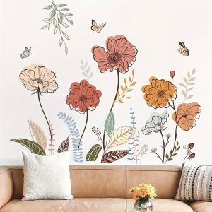 1 Set Of 12pcs Of Bohemian Flower Wall Stickers, Wild Flowers, Grasses, Fruits And Leaves, And Stick-on Wall Art Decals, For Living Room, Bedroom, And TV Wall