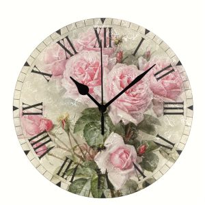 1pc Rose Wall Clock Vintage Battery Operated Non Ticking Clock Silent Floral Art Bedroom Kitchen Clock Home Decor AA Battery (Not Included)