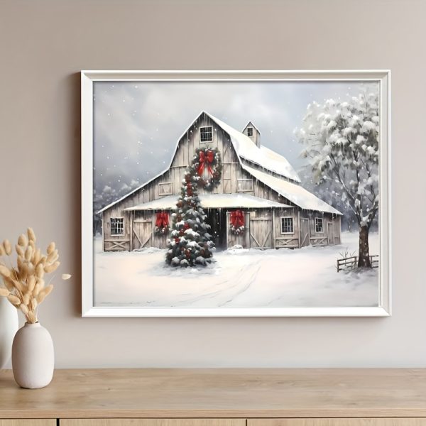 1pc Framed Christmas Canvas Wall Art, Christmas Rustic Red Barn Poster Canvas Paintings, Ideal Gift For Bedroom Living Room Corridor, Wall Art, Wall Decor, Winter Decor, Room Decoration