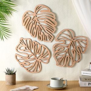 3pcs 3-Piece Tropical Palm Leaf Wall Art, Wooden Hanging Decor for Living Room, Bathroom, Office, Vintage Plant Plaque