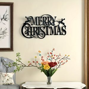 Merry Christmas Metal Wall Decor - Classic Holiday Hanging Ornament for Home, Kitchen, Living Room, Office - No Power Needed, Feather-Free Seasonal Decoration