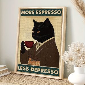 Black Cat Coffee Lover Art Print, Framed Espresso Art for Coffee Shop Decor, Gift for Friends, Wall Art Canvas Painting