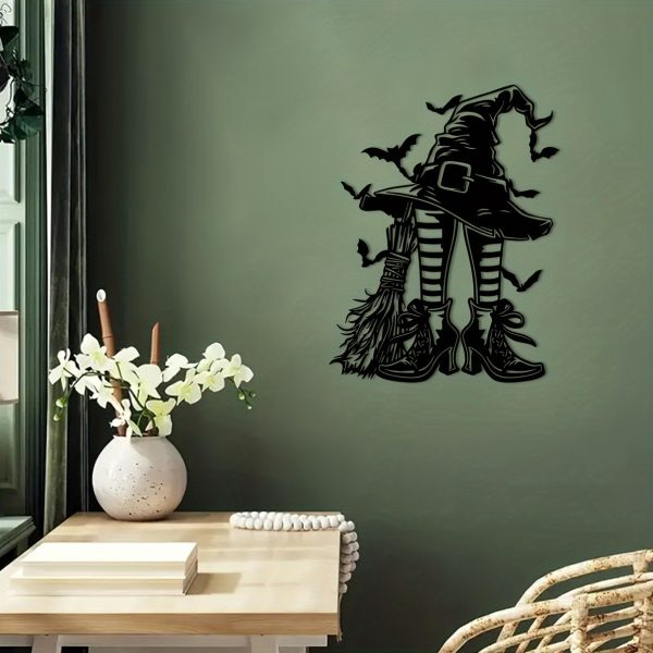 Halloween Iron Silhouette Wall Decor, Witch and Broomstick Metal Wall Art, Modern Home Decorative Hanging Mural, Festive Halloween Wall Embellishment