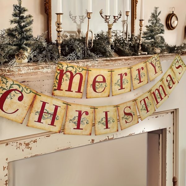 Rustic Red & Beige Vintage Merry Christmas Banner, Traditional Old Fashioned Paper Festive Sign, Retro Nostalgic Holiday Decor for Indoor Home Office Fireplace Mantle Farmhouse, Party Bunting for Christmas Room Decor