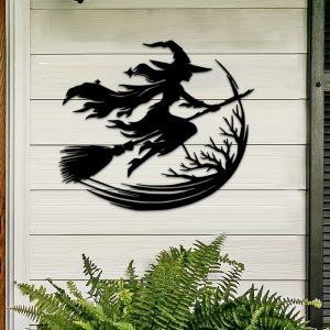 Contemporary Witch on Broom Metal Wall Art, 11.81 Inch, Halloween Decorations, Unique Silhouette, Indoor Wall Hanging for Living Room