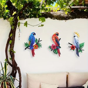 Tropical Parrot Wall Art Decor Set of 3 - Metal Hanging Sculptures for Indoor Kitchen, Living Room Display - Glossy, Frameless Tropical Style Parrots - Easy to Hang, No Electricity Required