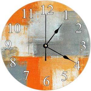 Funny Wall Clock Abstract Orange Grey Oil Painting Silent Non-Ticking Battery Operated Decorative PVC Clock for Home Living Room 9x9 Inch, Gift for Her Gift Idea Couple