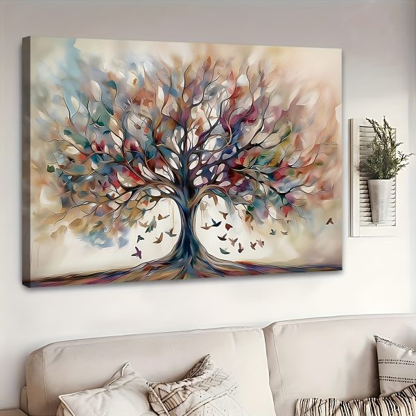 Abstract Yggdrasil Tree of Life Canvas Wall Art, Geometric Pattern, Spring Summer Seasons, Fir Wood Framed, Contemporary Decor for Living Room, Bedroom, Kitchen